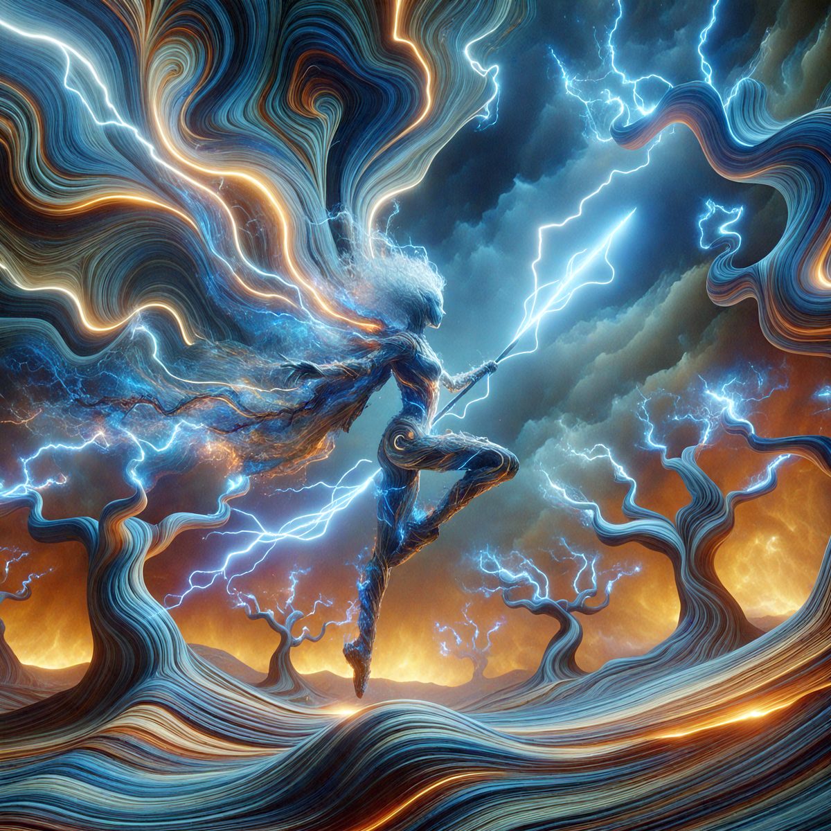 The primary subject of the image is a woman with a sword, standing on a rocky surface. She appears to be a warrior or a character from a fantasy story. The setting is a dark, cloudy sky, which adds to the dramatic atmosphere of the scene. The visual style of the image is digital art, as it is a detailed and intricate illustration. The dominant colors in the image are dark shades, such as black, grey, and purple, which create a moody and intense mood.